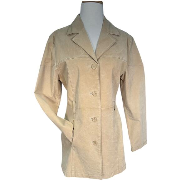Vintage Buttons 100% Leather Trench Coat Light Weight Size Medium Belt Loops - Picture 1 of 11